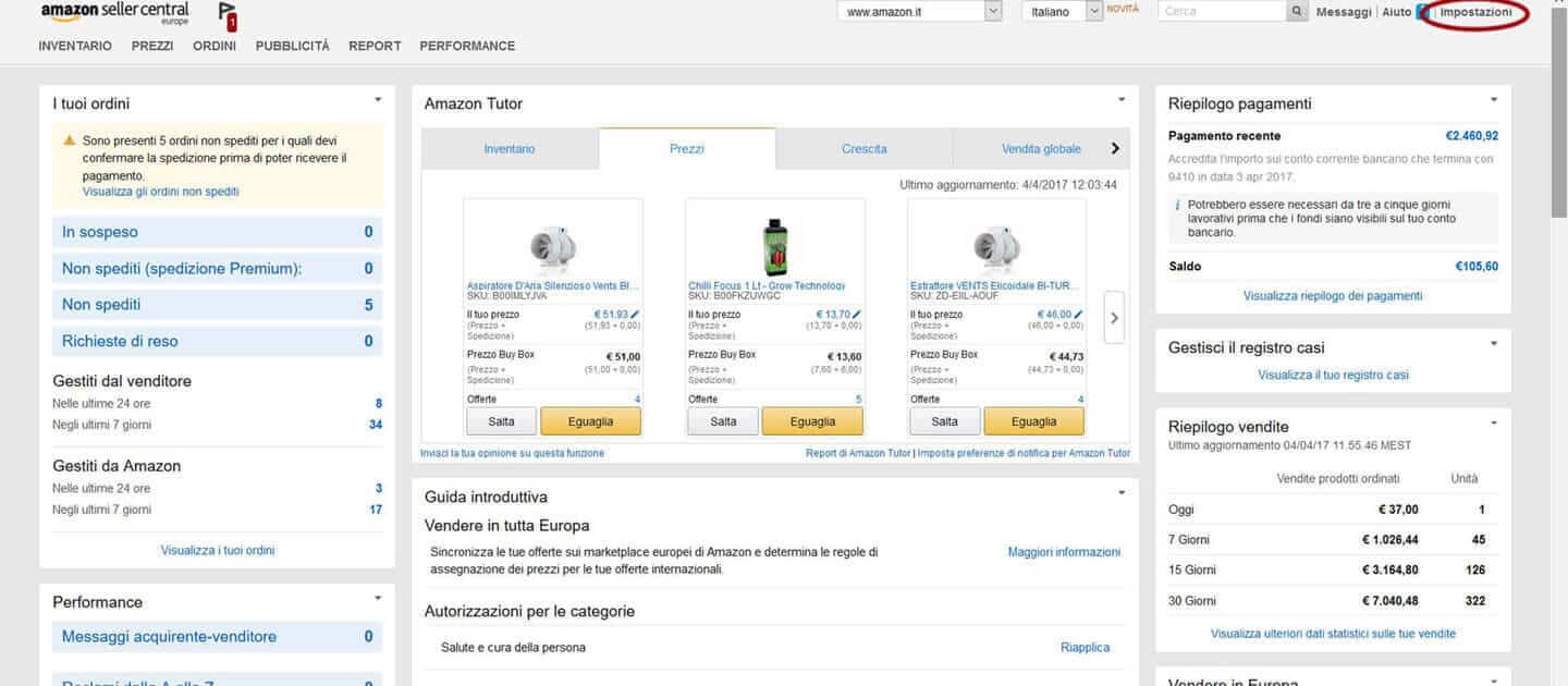 Area riservata Amazon Seller Central